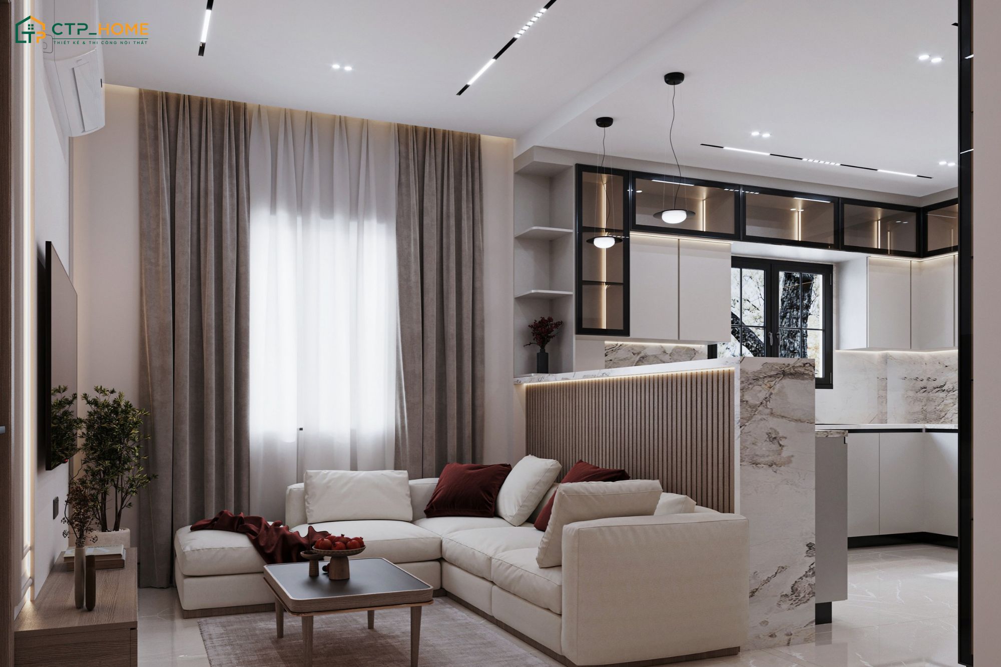 Mẫu phòng khách liền thông với phòng bếp 15m2 được phân chia bằng vách ngăn thấp kết hợp tủ lưu trữ