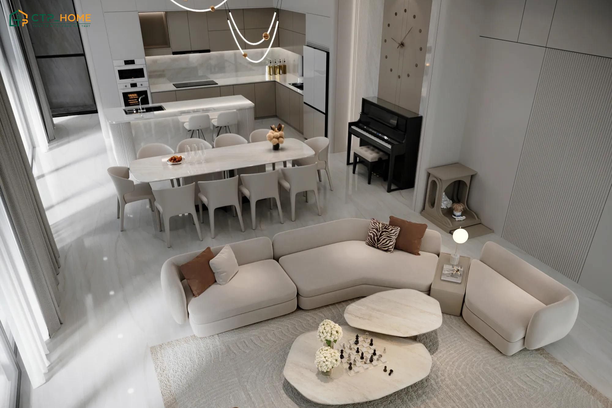 Màu sắc trong phòng khách liền phòng bếp 15m2 cần được lựa chọn dựa trên sở thích của gia chủ