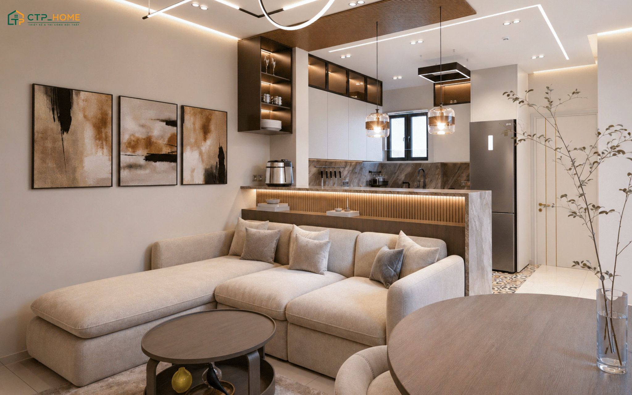 CTP Home là đơn vị thiết kế phòng khách liền phòng bếp 15m2 chuyên nghiệp với những giải pháp tối ưu