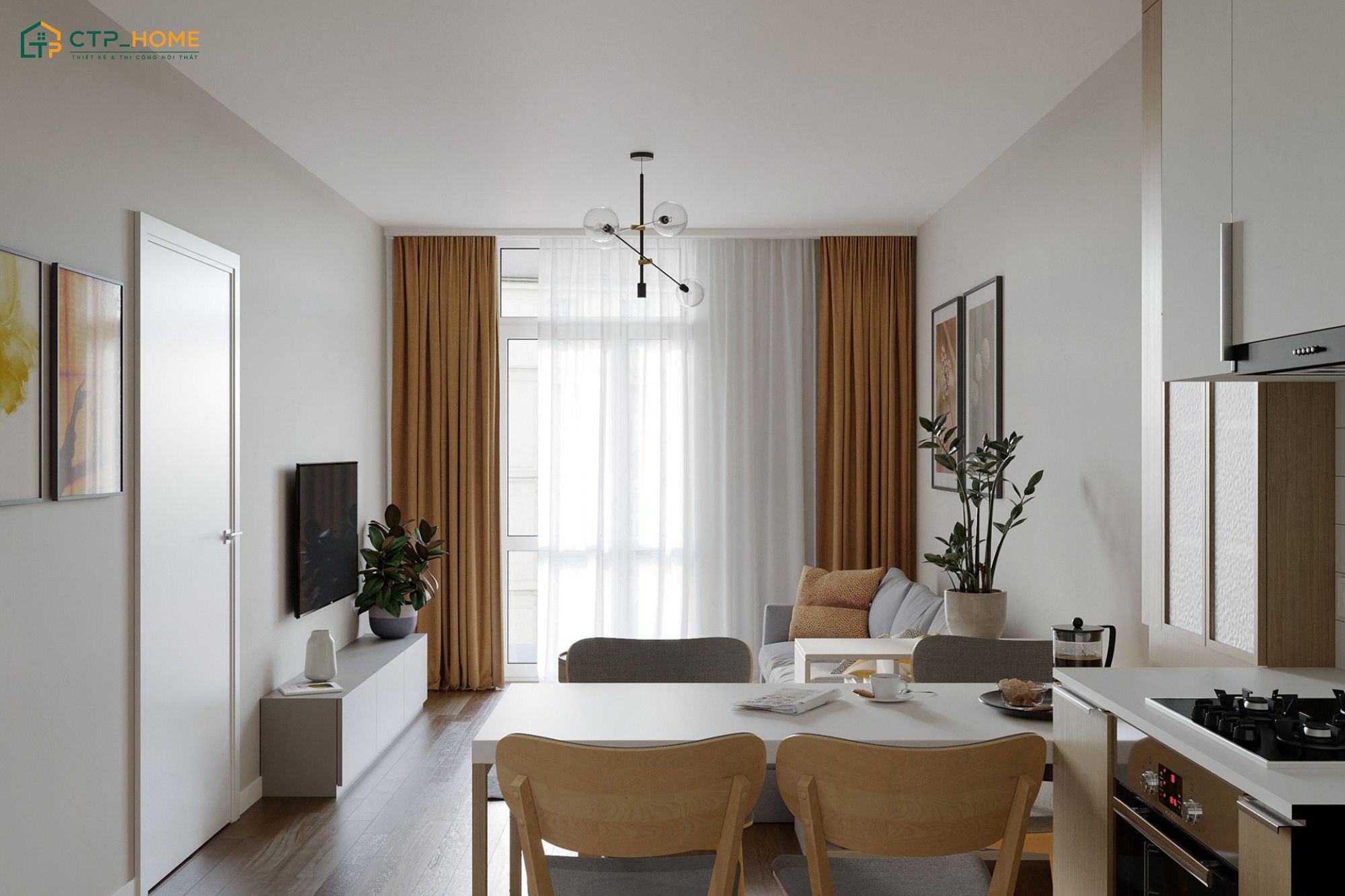 Thiết kế phòng khách liền thông với phòng bếp 15m2 giúp tạo sự thuận tiện trong sinh hoạt hàng ngày