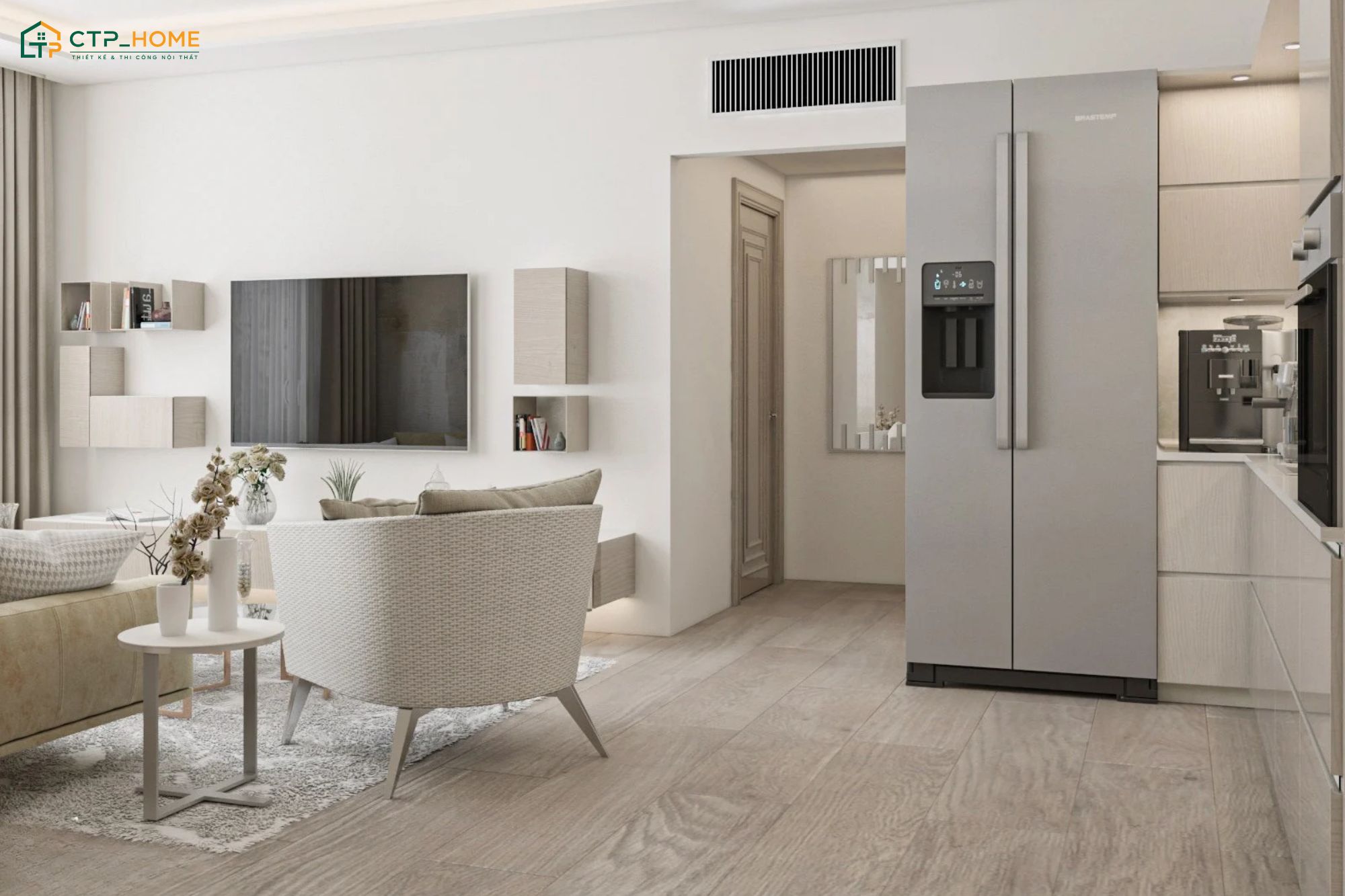 Mẫu thiết kế nội thất phòng khách liền bếp 15m2 màu trắng thường sẽ kết hợp cùng nội thất màu trung tính