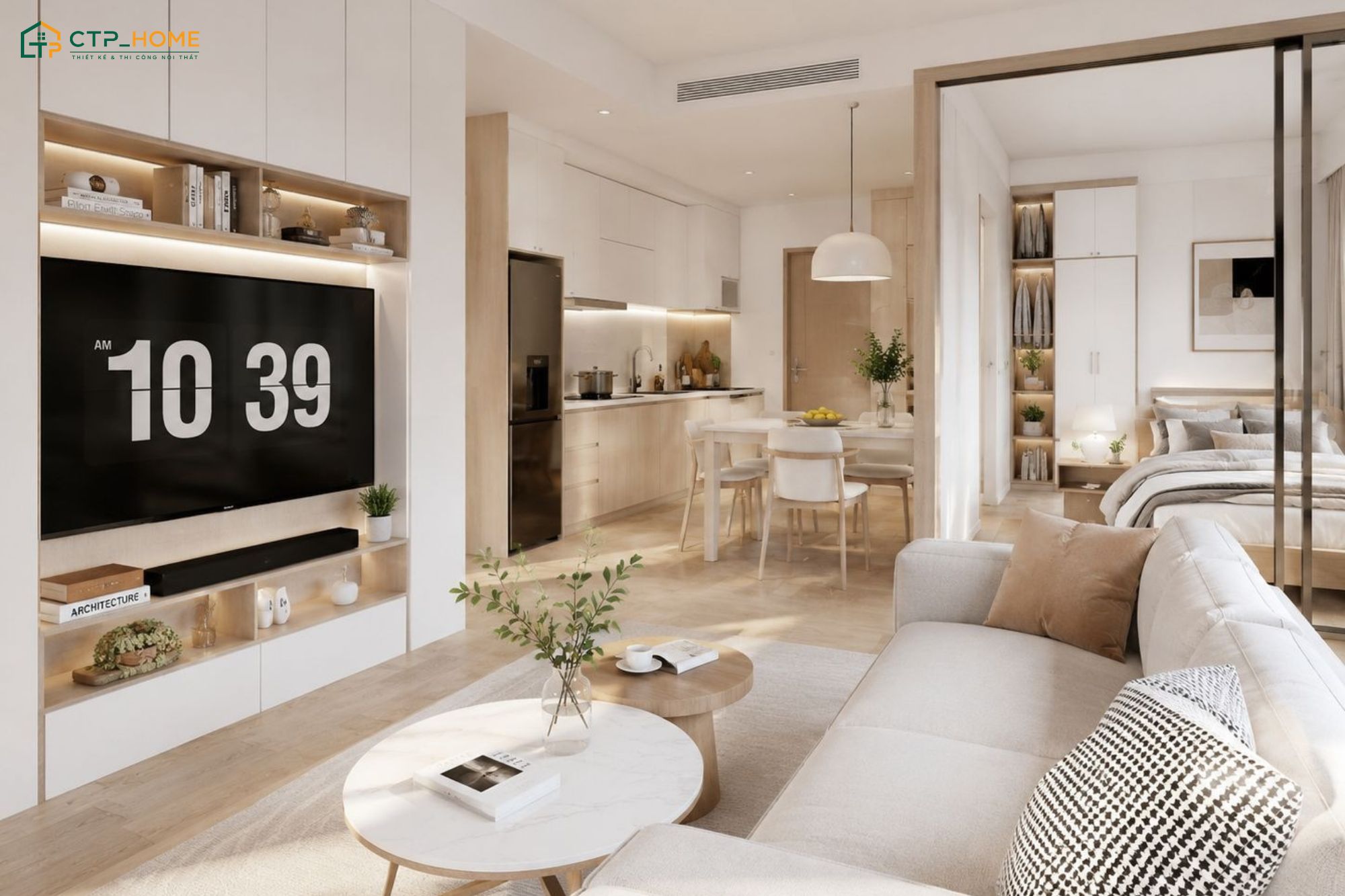 Mẫu thiết kế nội thất phòng khách liền thông phòng bếp 15m2 kết hợp màu trắng và gỗ sáng màu để tạo cảm giác ấm cúng