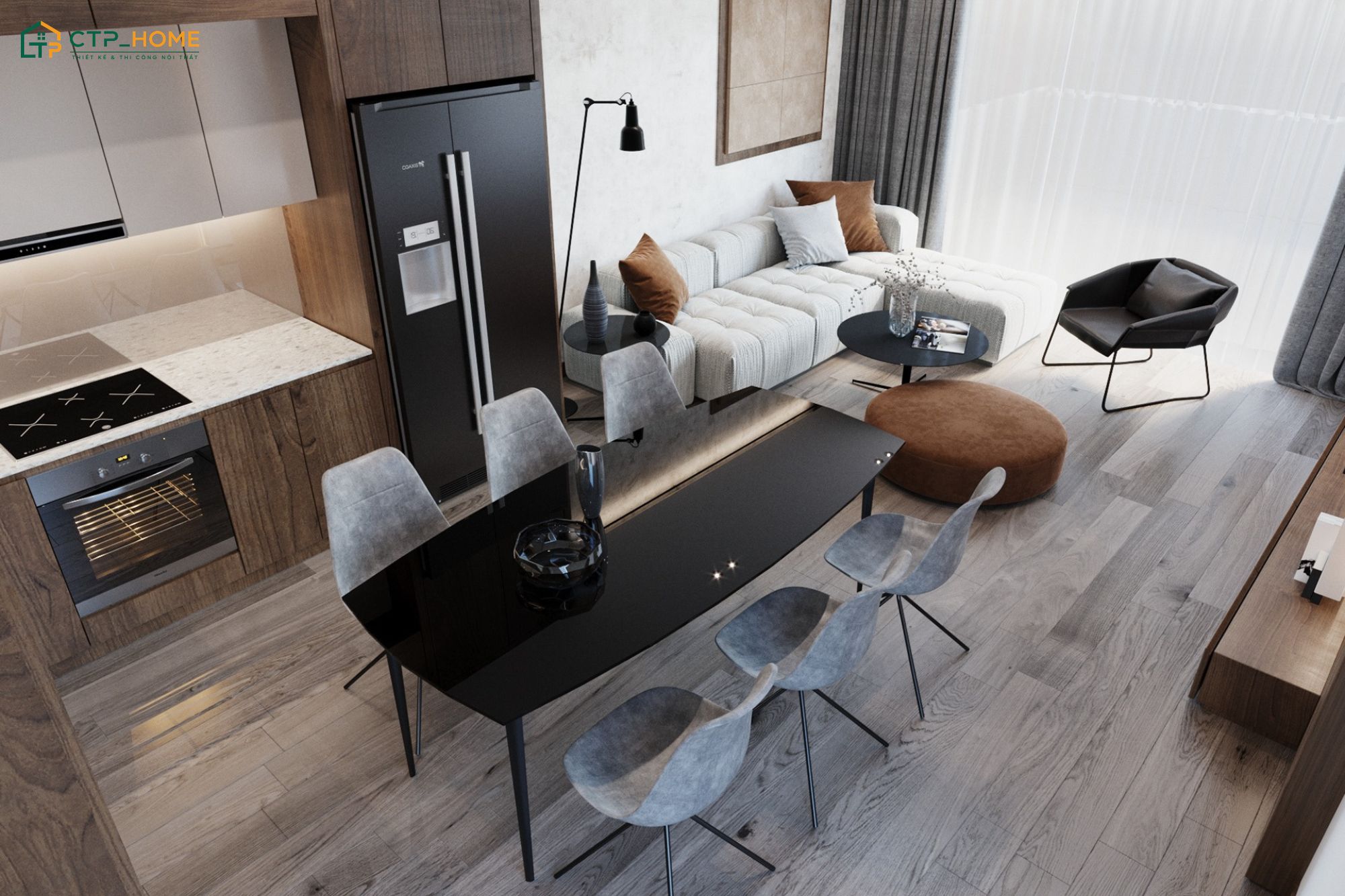 Mẫu phòng khách liền bếp 15m2 phong cách tối giản sẽ loại bỏ các chi tiết rườm rà để tạo cảm giác rộng rãi
