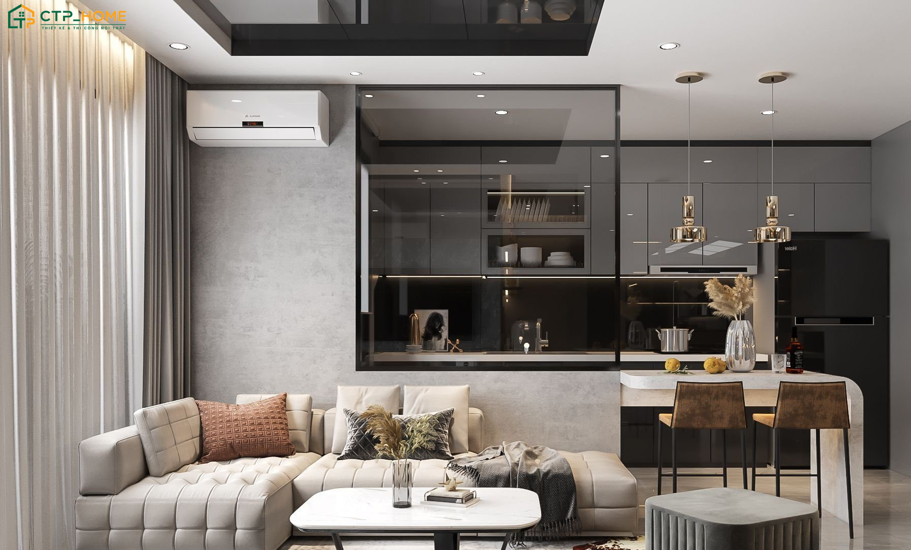 Mẫu phòng khách liền thông với phòng bếp 20m2 cho chung cư thường chú trọng đến sự thông thoáng và cảm giác rộng rãi