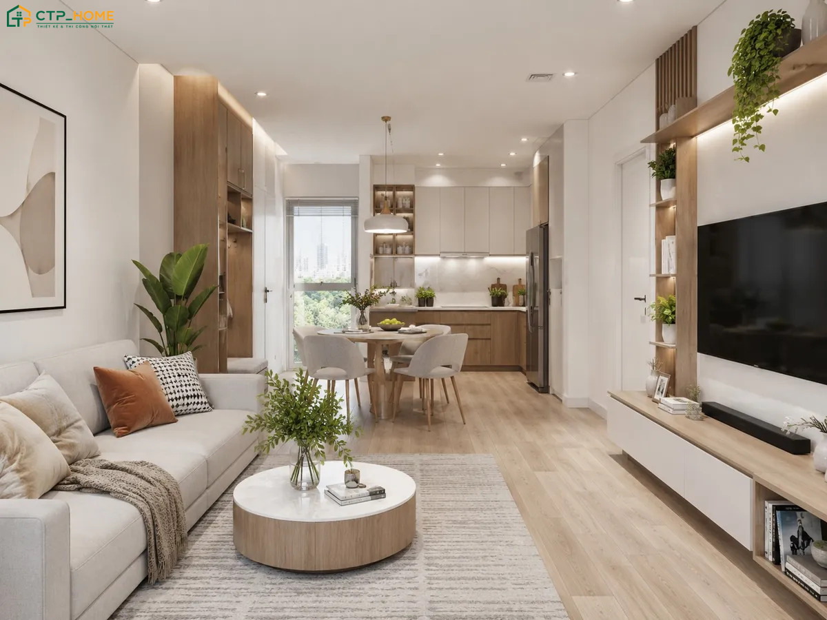 Không gian phòng khách liền bếp chung cư sẽ được bố trí hài hoà để đảm bảo tính thẩm mỹ và công năng sử dụng