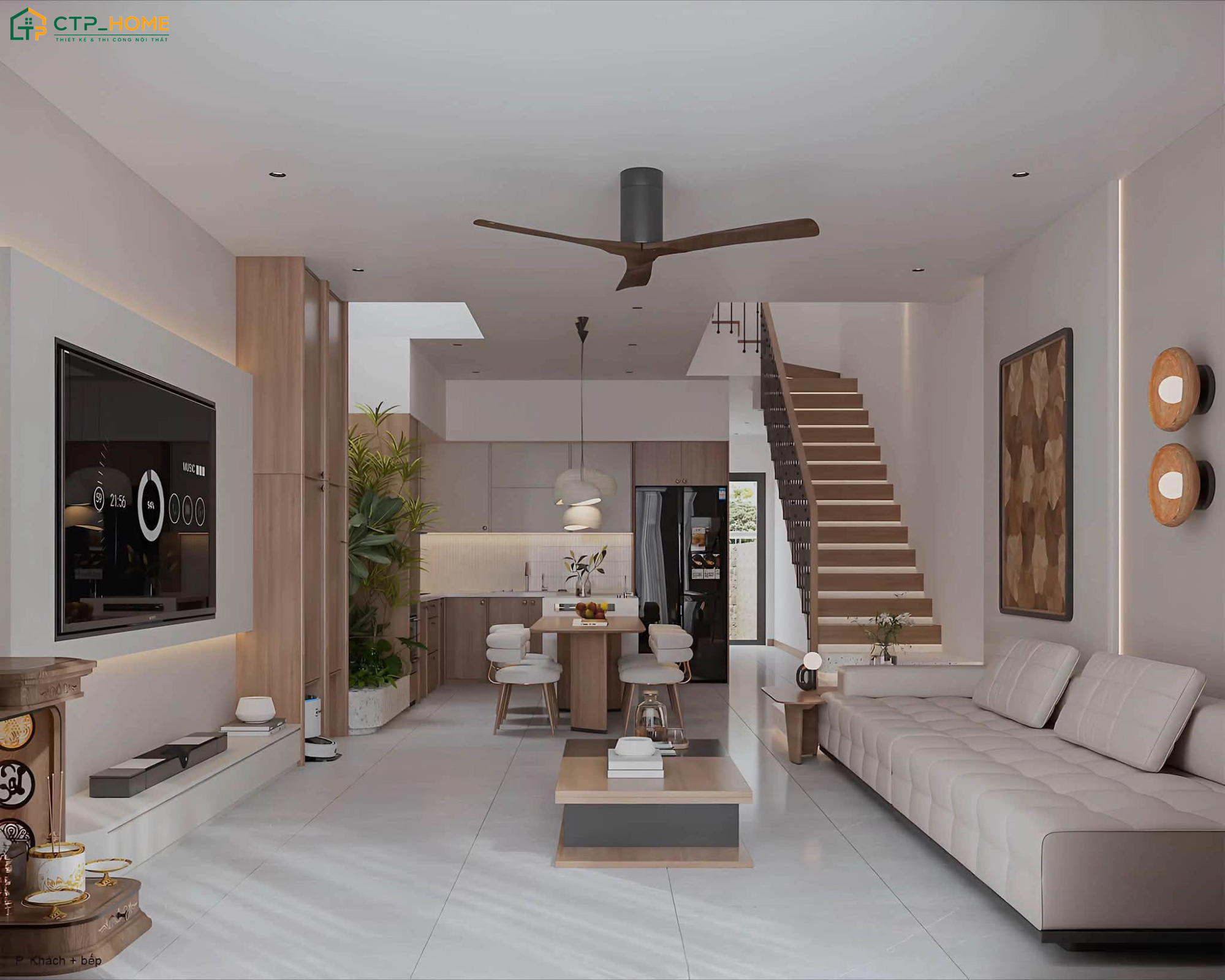 Mẫu phòng khách liền thông phòng bếp 20m2 cho nhà ống sẽ tận dụng ánh sáng tự nhiên để mang lại cảm giác thông thoáng