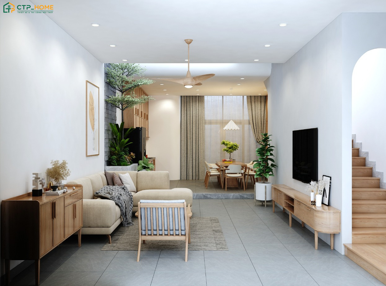 Mẫu phòng khách liền bếp 20m2 được thiết kế theo phong cách tối giản nhưng vẫn đảm bảo sự tiện nghi