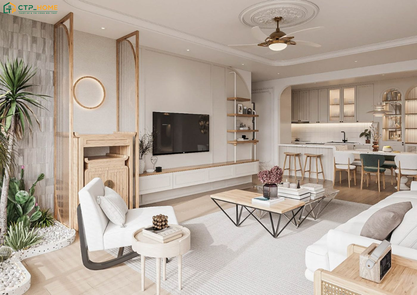 Mẫu thiết kế nội thất phòng khách liền phòng bếp 20m2 đơn giản sẽ sử dụng màu sắc và nội thất đồng bộ