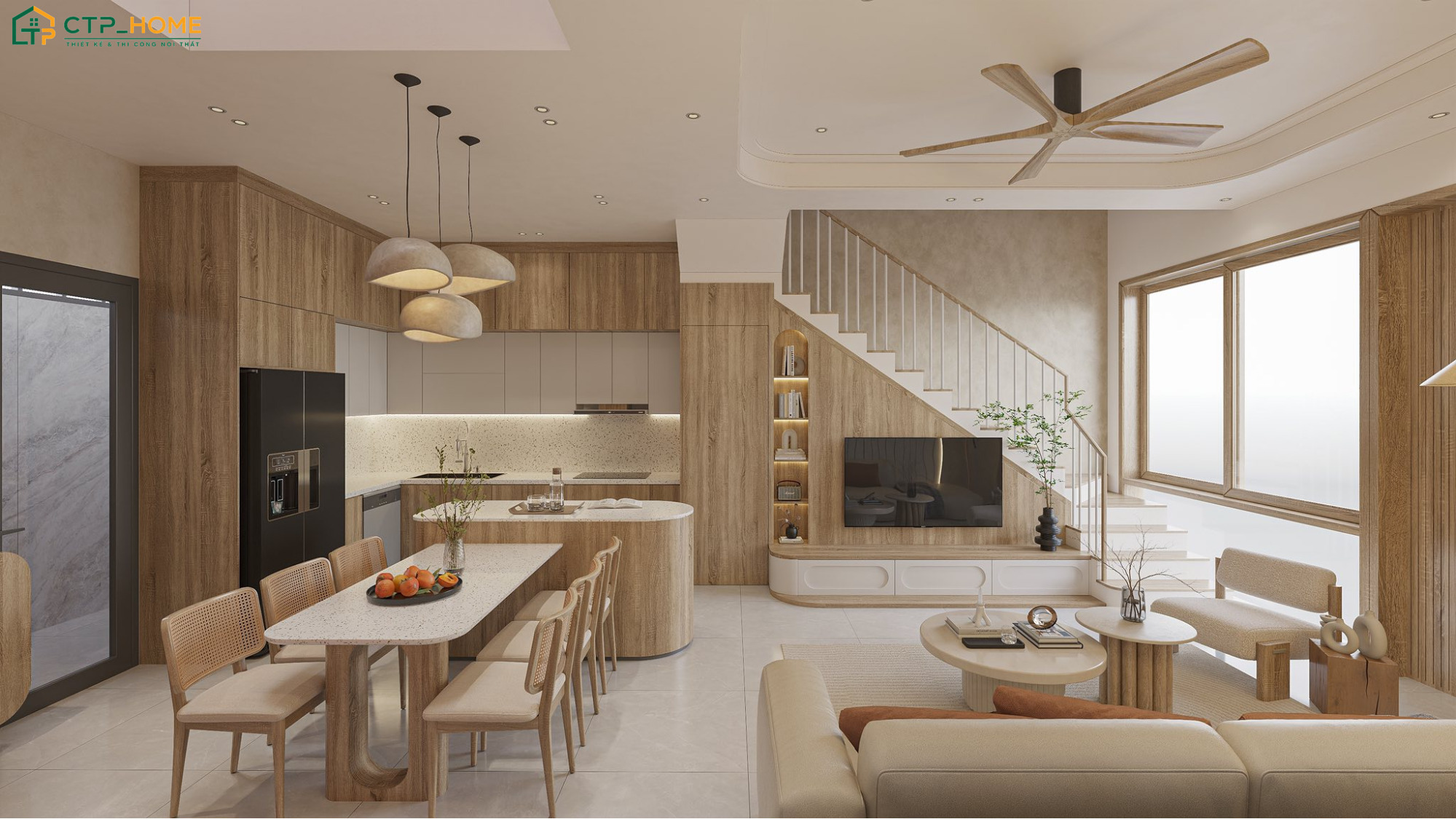 Mẫu phòng khách liền bếp 20m2 được thiết kế theo phong cách hiện đại với cách bố trí nội thất hài hoà, tiện nghi