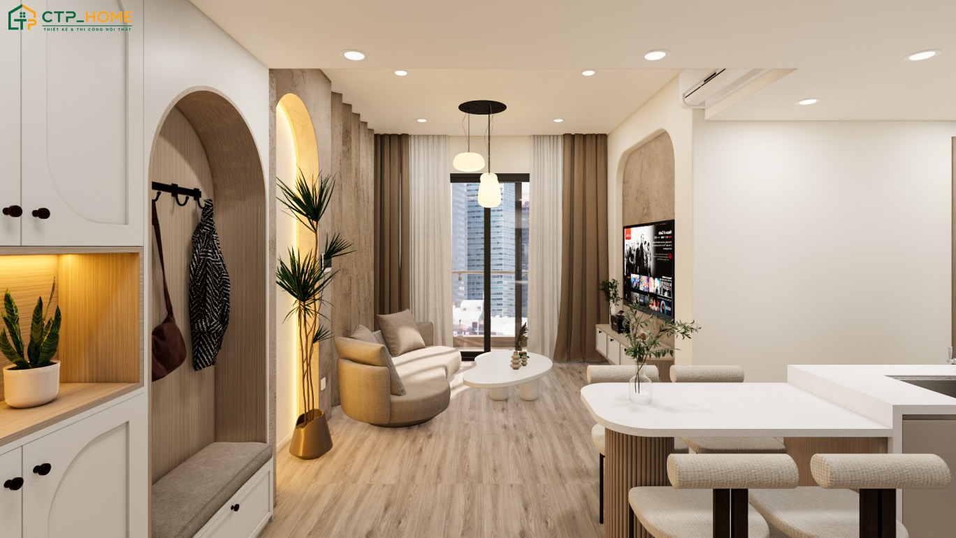 Mẫu phòng khách liền thông với phòng bếp 20m2 hiện đại sẽ bố trí đèn chiếu sáng hợp lý để tăng tính thẩm mỹ