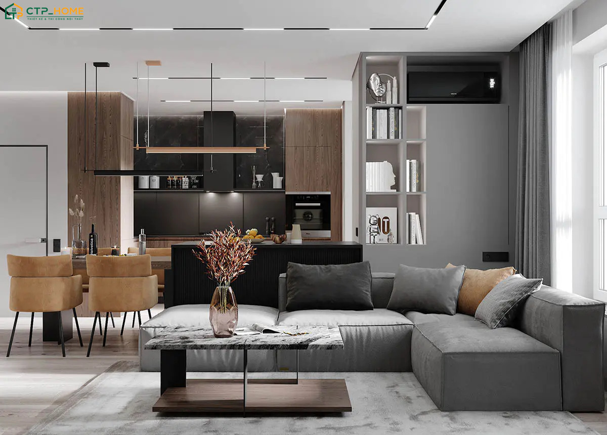 Mẫu thiết kế nội thất phòng khách liền bếp 20m2 sang trọng sẽ tập trung vào chất liệu cao cấp và đường nét tinh xảo