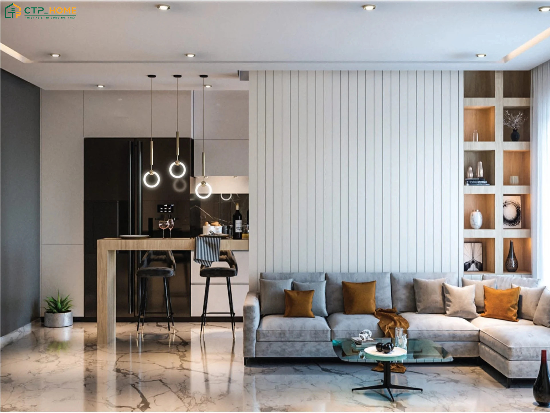 Mẫu phòng khách liền phòng bếp 20m2 sang trọng gây ấn tượng bởi sự phối hợp tinh tế giữa chất liệu và màu sắc