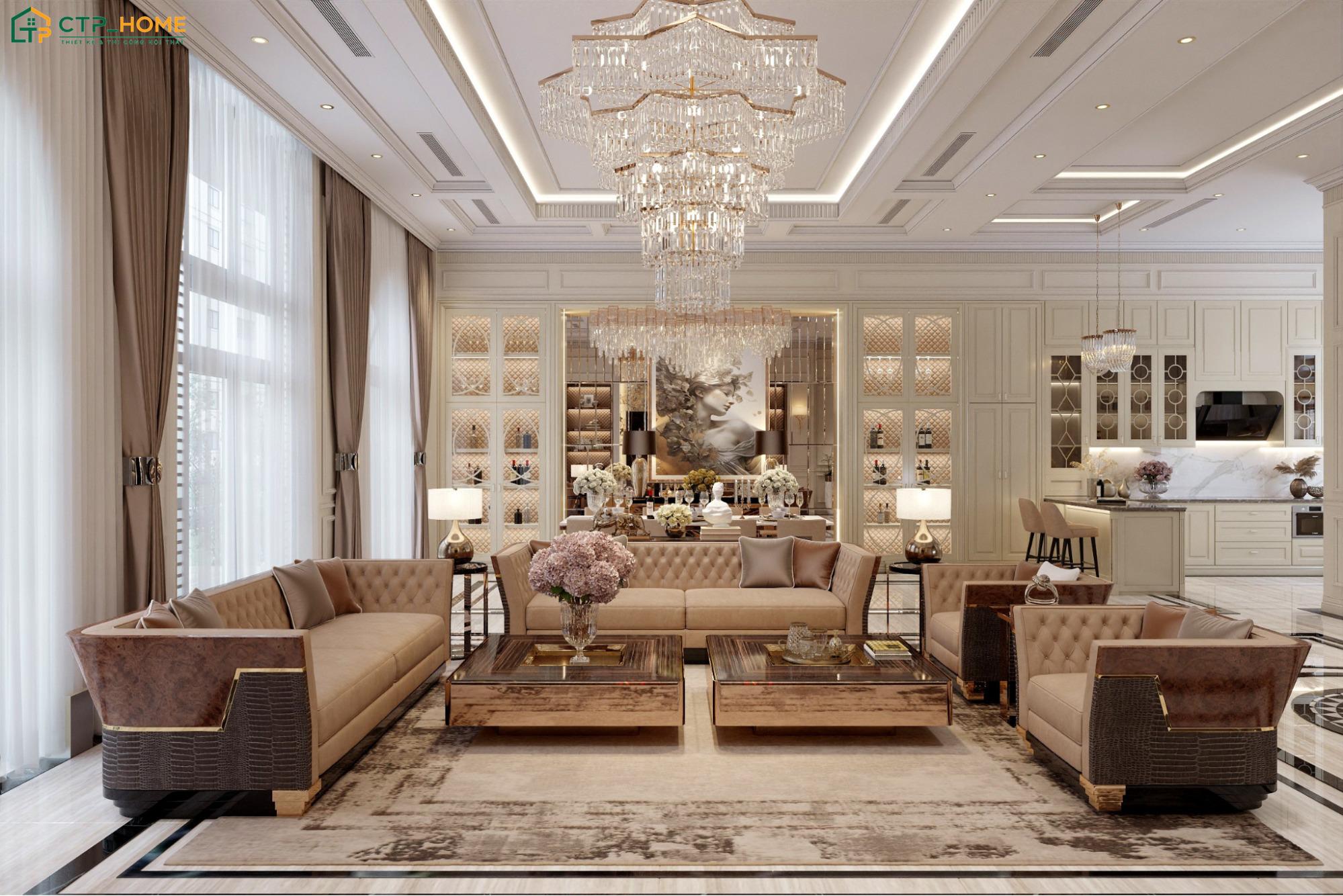 Mẫu thiết kế phòng khách liền bếp 20m2 phong cách tân cổ điển sẽ mang đến vẻ đẹp sang trọng và quý phái