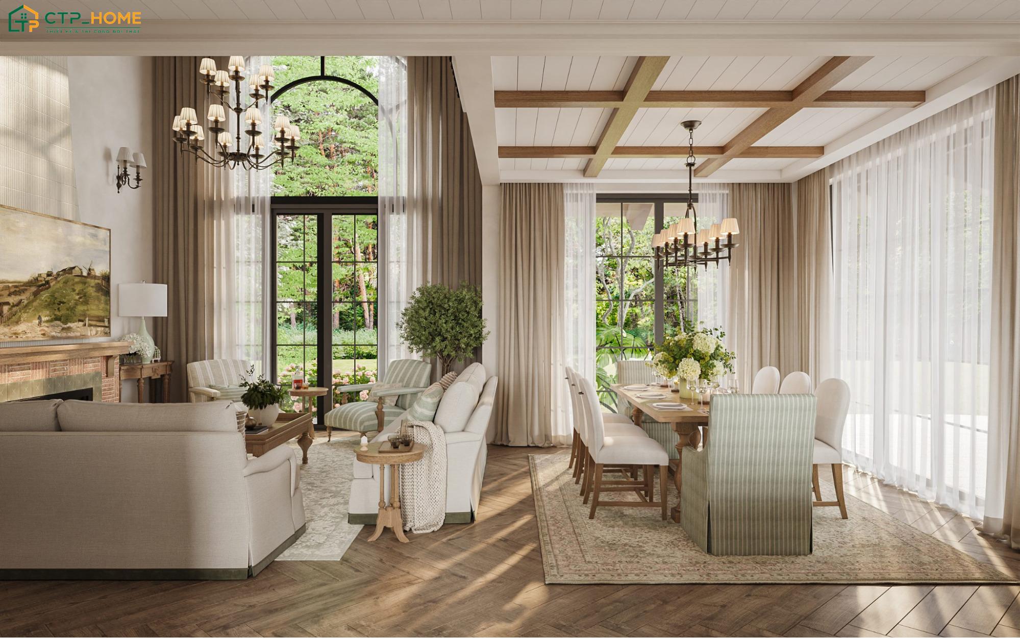 Mẫu phòng khách liền bếp tân cổ điển 20m2 sẽ sử dụng các chi tiết trang trí phào chỉ tinh tế để tạo điểm nhấn