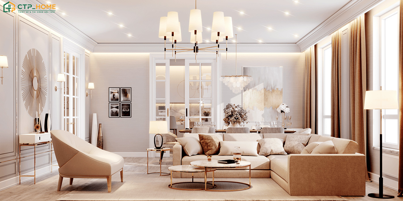 Mẫu thiết kế phòng khách liền thông với phòng bếp 20m2 tân cổ điển thường ưu tiên các món nội thất cao cấp