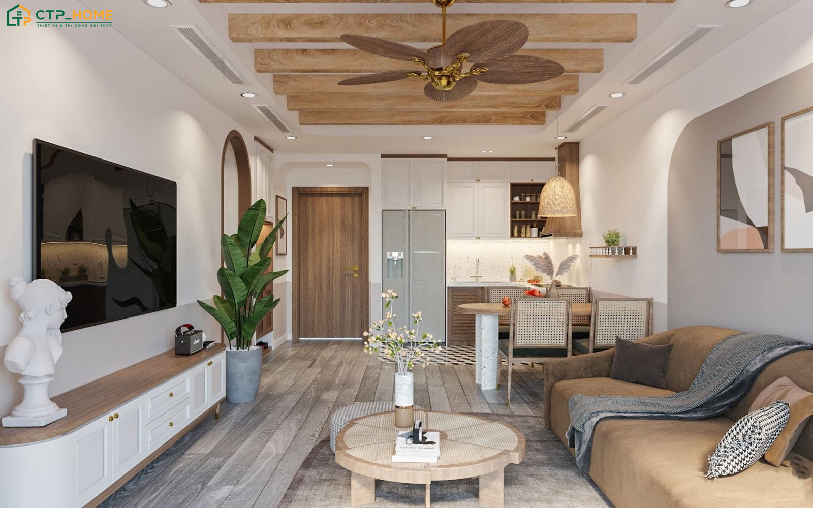 Mẫu thiết kế phòng khách liền bếp 20m2 Scandinavian thường sử dụng tone màu sáng làm chủ đạo