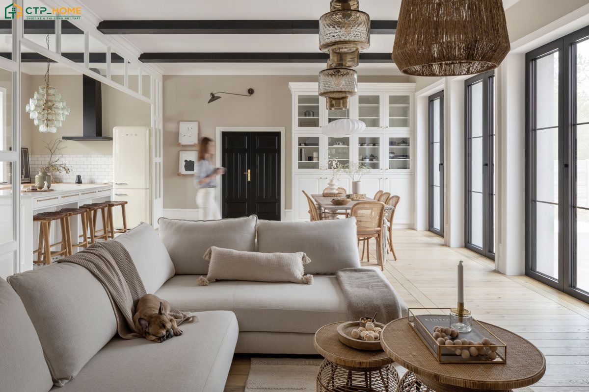 Mẫu phòng khách liền bếp 20m2 Scandinavian sẽ tận dụng ánh sáng tự nhiên để gia tăng sự thông thoáng