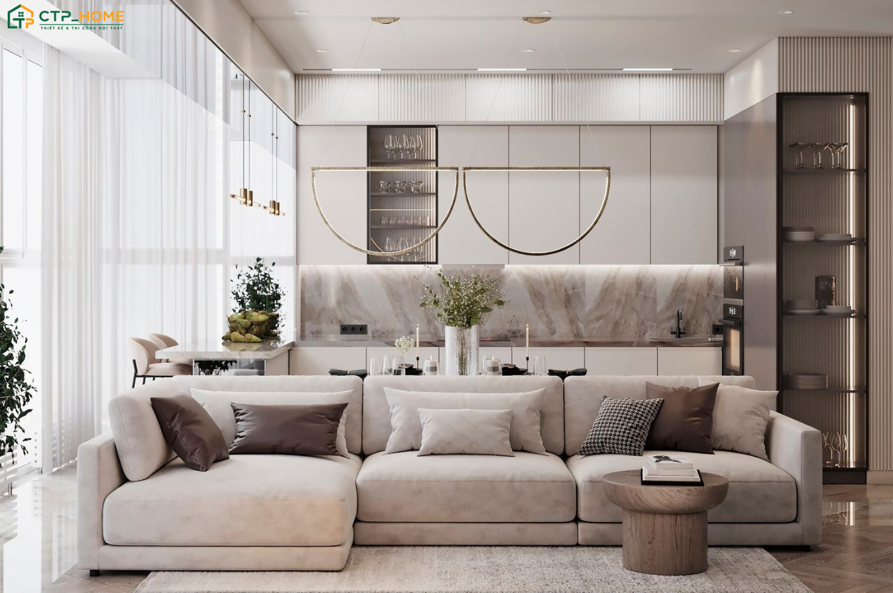 Phòng khách liền thông với phòng bếp 20m2 cần được bố trí khoa học để mang lại sự tiện nghi