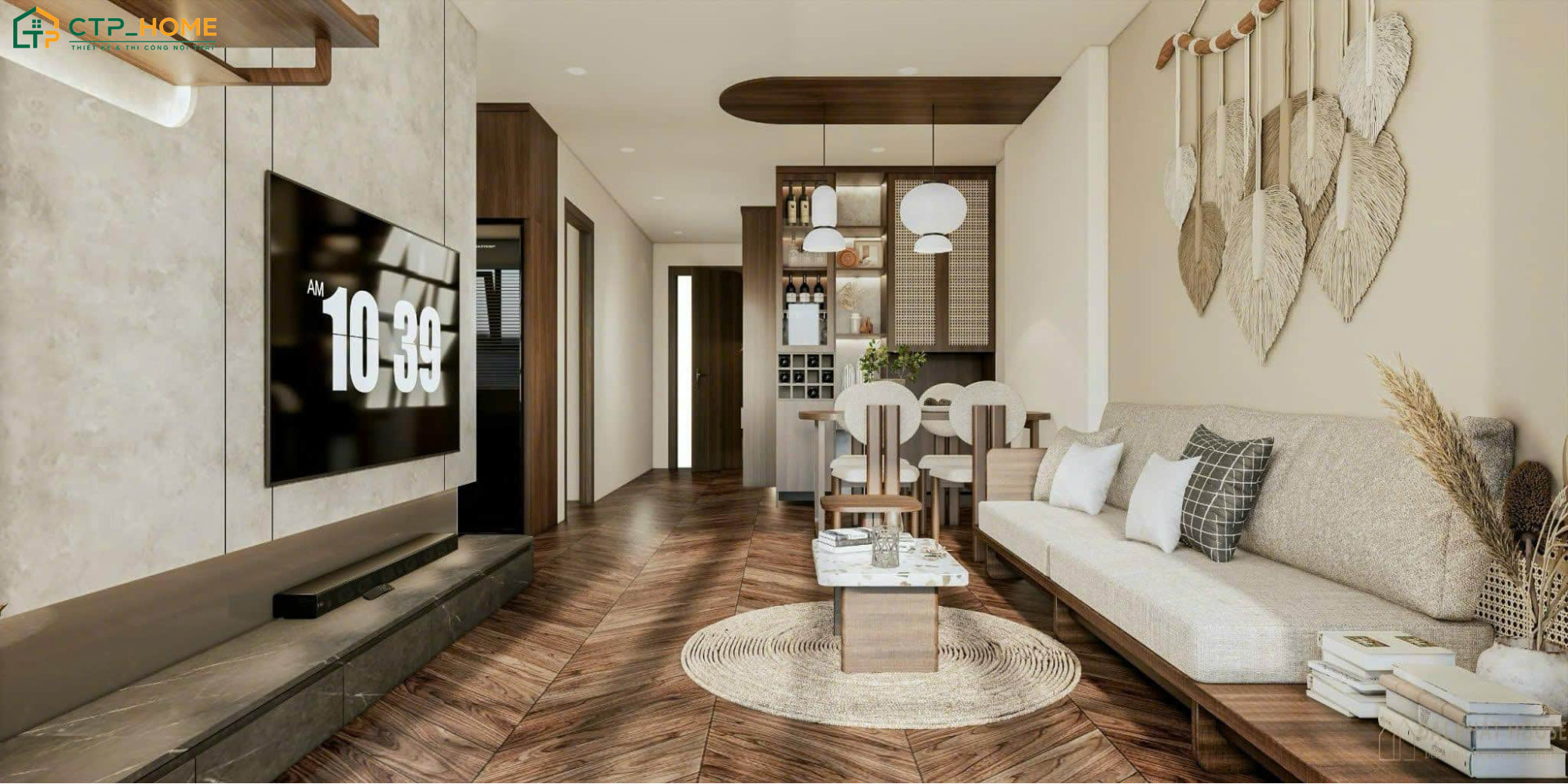 CTP Home là đơn vị chuyên thiết kế thi công nội thất phòng khách liền phòng bếp 20m2 uy tín