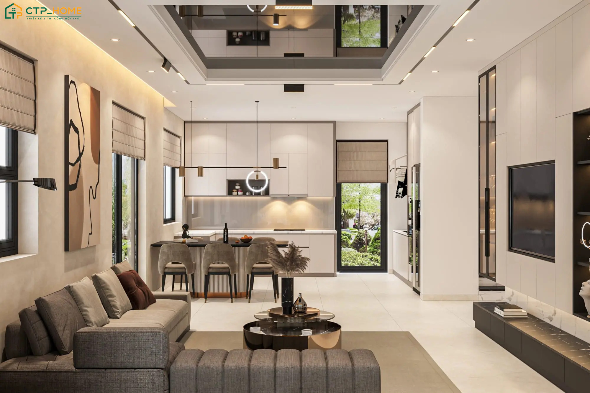 Thiết kế phòng khách liền bếp 20m2 với quầy bar giúp tạo điểm nhấn và gia tăng công năng sử dụng