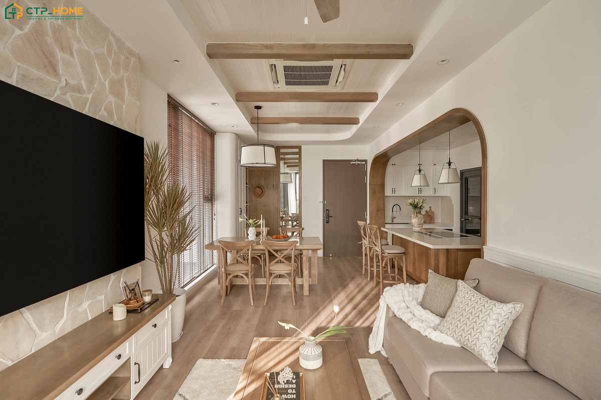 Mẫu phòng khách liền bếp 20m2 cho nhà cấp 4 thường ưu tiên đồ nội thất gọn gàng và bảng màu đơn giản