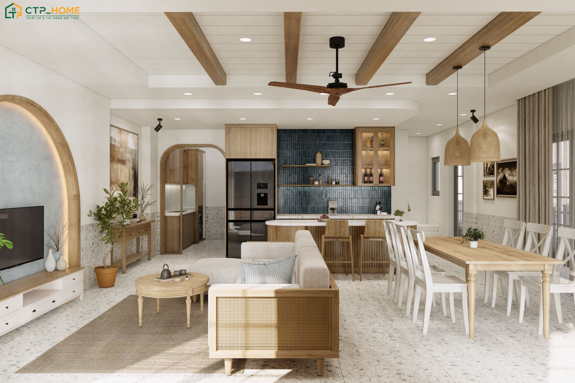 Mẫu thiết kế phòng khách liền thông phòng bếp 20m2 cho nhà cấp 4 sẽ mang đến cảm giác thông thoáng