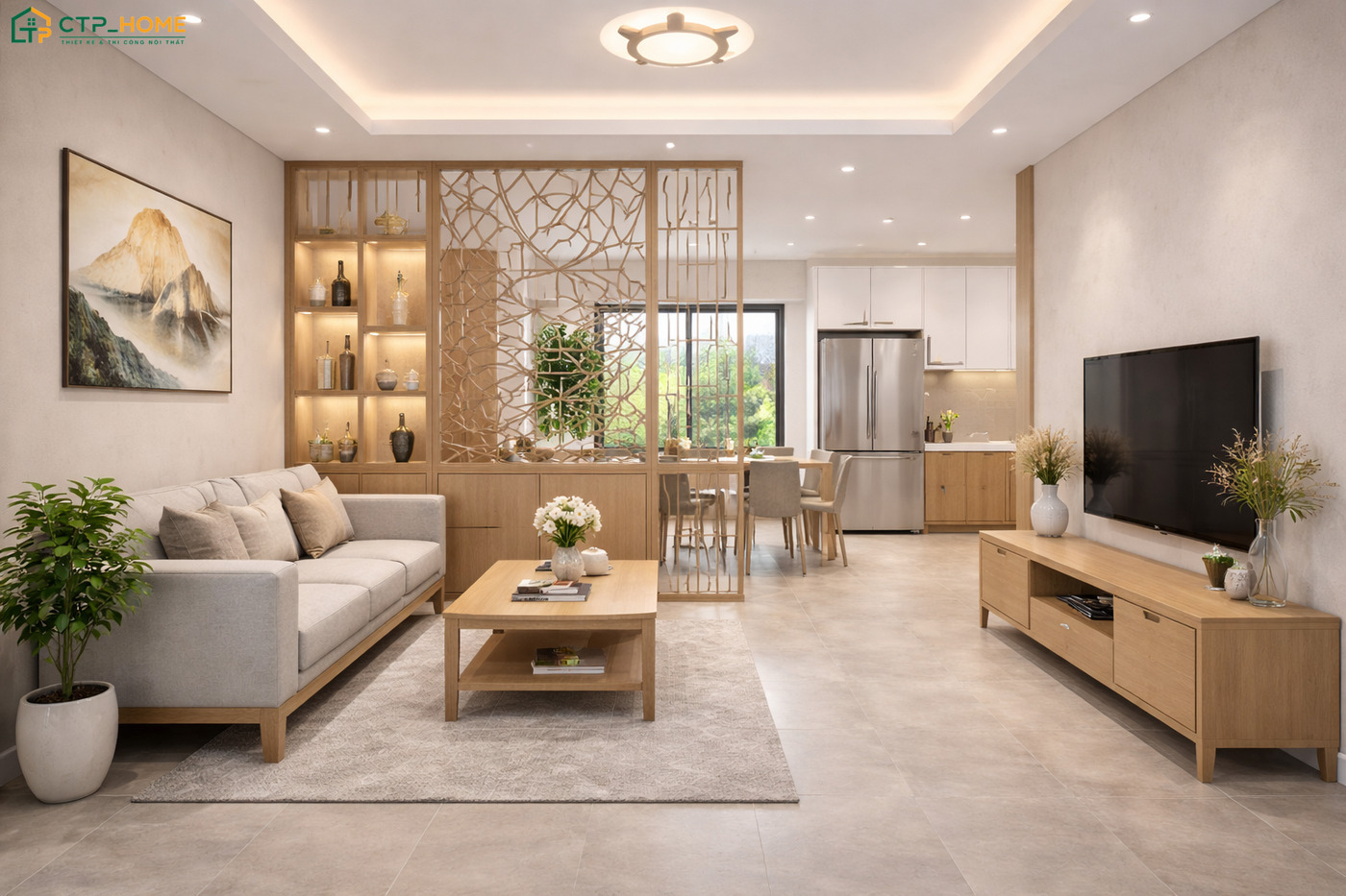 Nội thất phòng khách nhà cấp 4 liền bếp 20m2 sẽ được bố trí khoa học để mang đến vẻ đẹp hài hoà, ấm áp