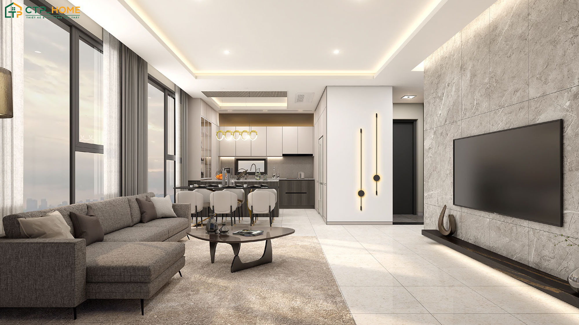 Mẫu phòng khách liền bếp 20m2 cho chung cư được thiết kế theo hướng mở để tạo sự kết nối giữa các khu vực