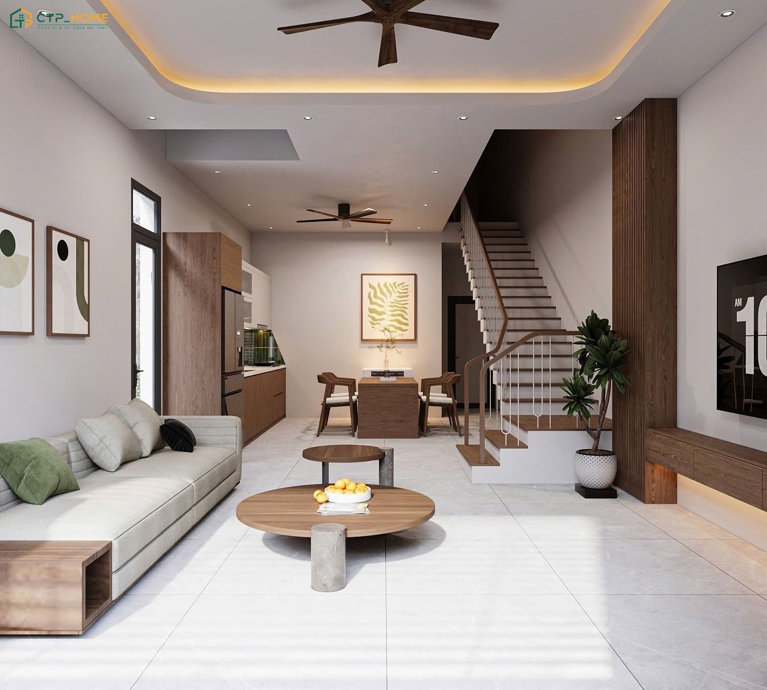 Mẫu phòng khách nhà ống liền bếp 25m2 nổi bật với sự kết hợp hài hòa giữa nội thất gỗ và đồ decor hiện đại