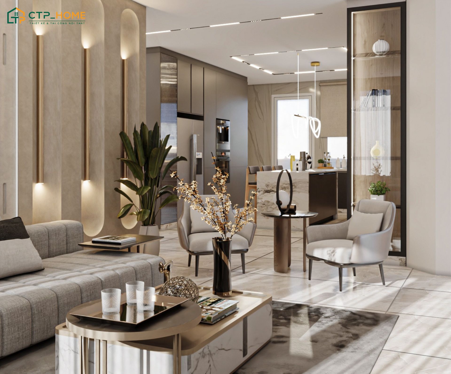 Mẫu phòng khách liền bếp 25m2 phong cách hiện đại sẽ bố trí hệ thống đèn chiếu sáng cho từng khu vực