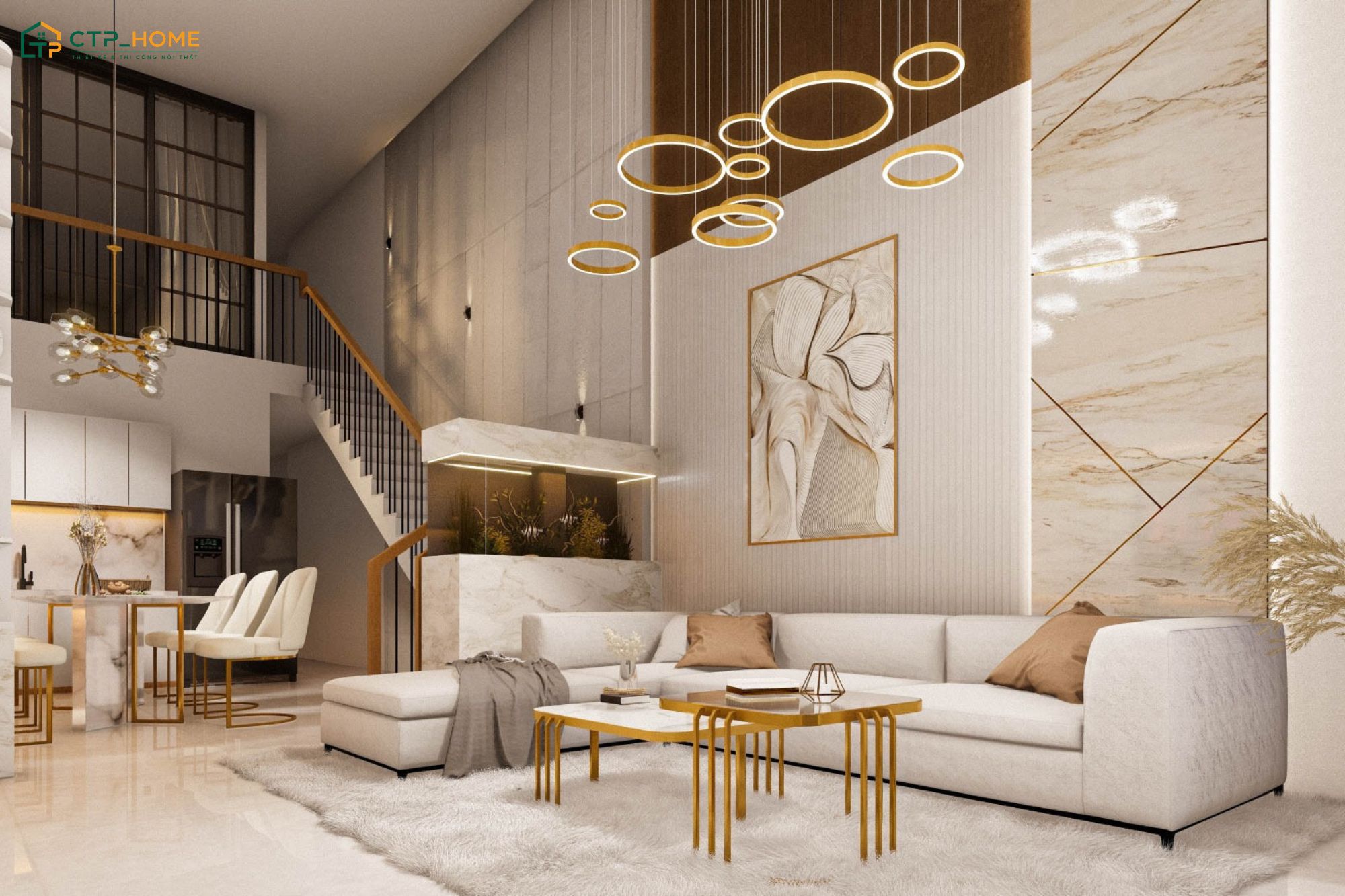 Mẫu phòng khách liền thông phòng bếp 25m2 hiện thường ưu tiên gam màu trắng thanh lịch làm chủ đạo