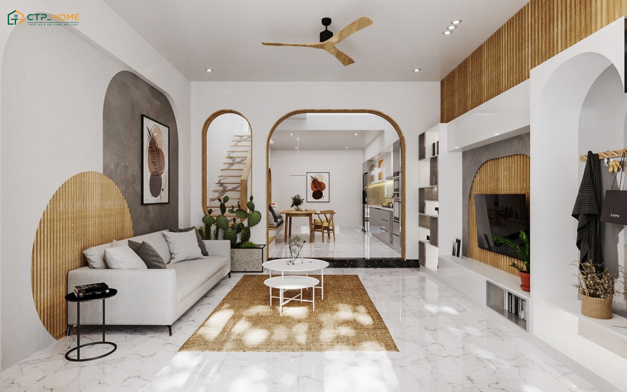 Mẫu decor phòng khách liền bếp 25m2 phong cách tối giản sẽ tập trung vào các món đồ nội thất cần thiết