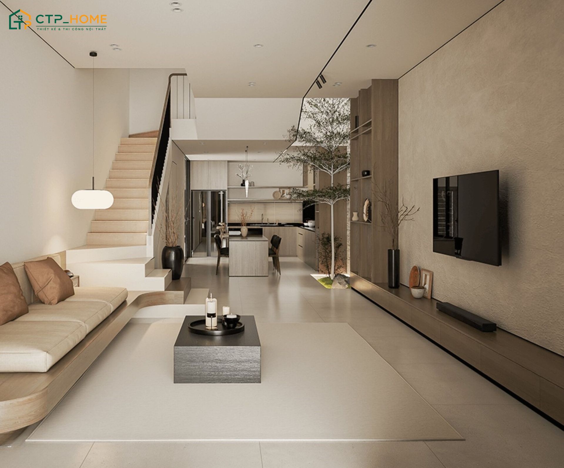 Phong cách tối giản sẽ sử dụng cây xanh trang trí để đem lại cảm giác dễ chịu cho phòng khách liền bếp