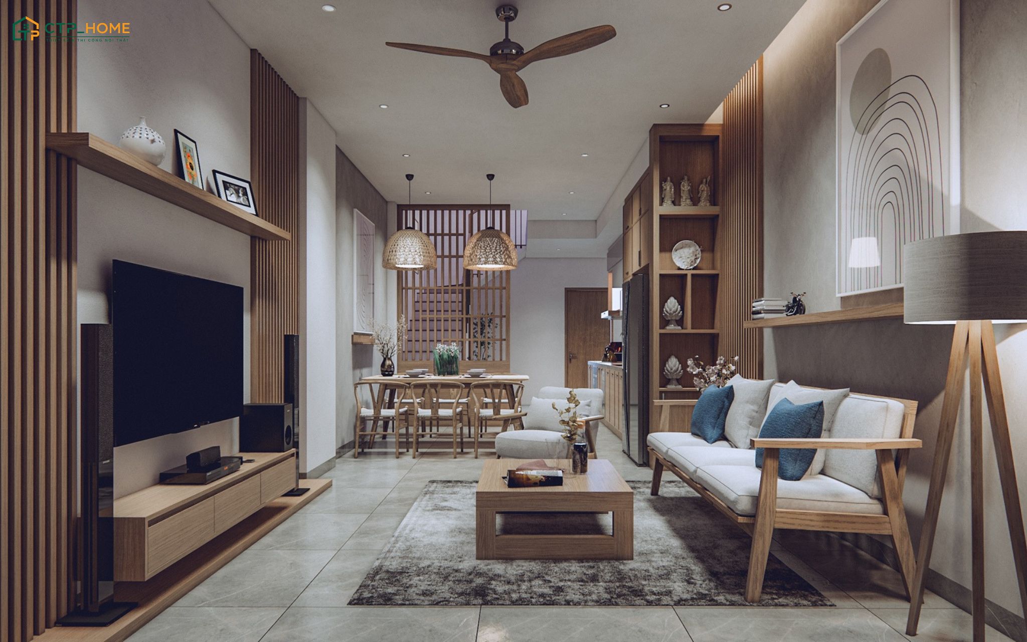 Mẫu thiết kế phòng khách liền phòng bếp 25m2 tối giản sẽ ưu tiên đồ nội thất gỗ sồi để đảm bảo độ bền