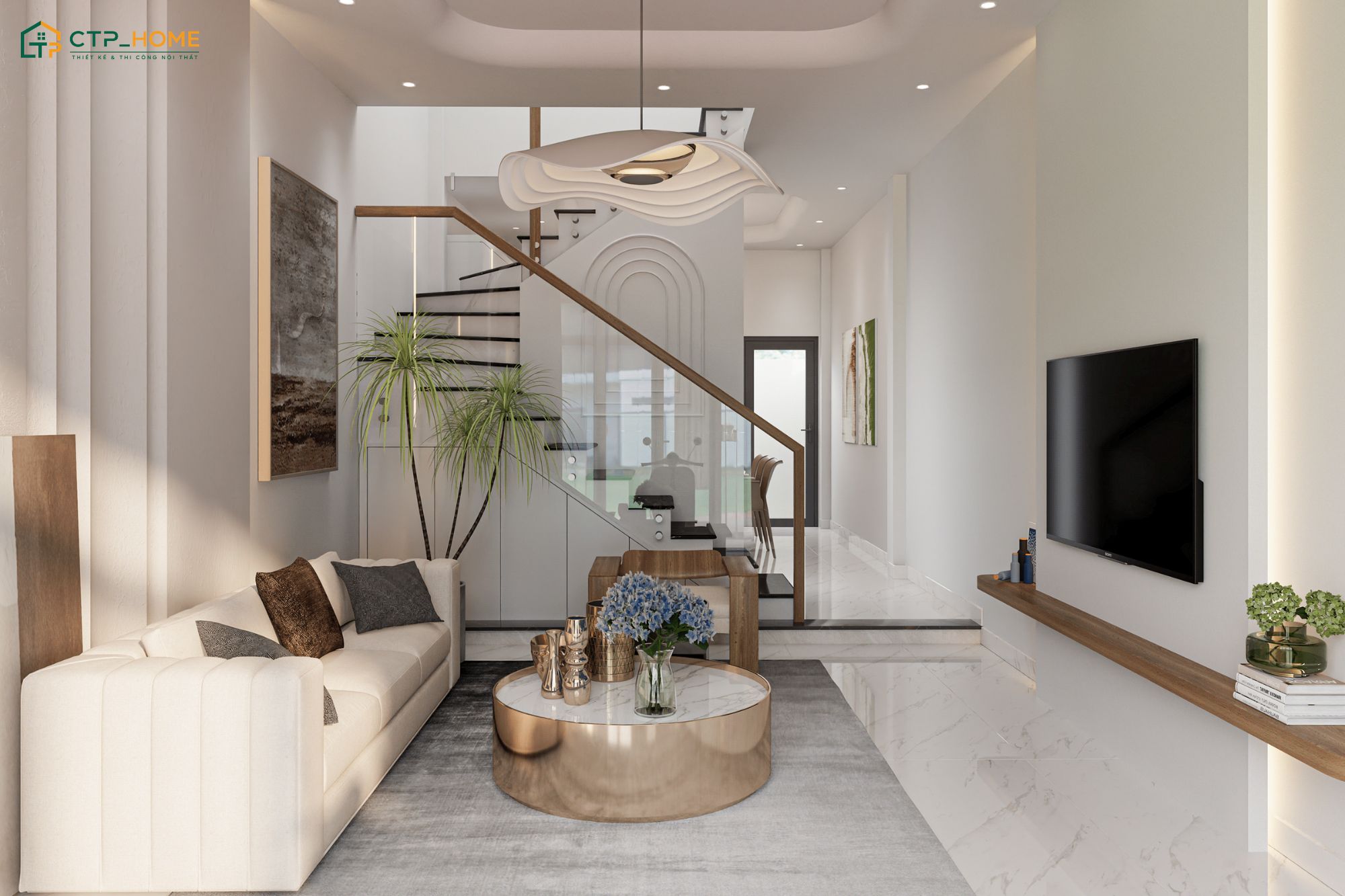 Mẫu thiết kế phòng khách liền bếp 25m2 Bắc Âu nổi bật với bộ sofa da sáng màu cùng bàn trà chân kim loại mạ vàng