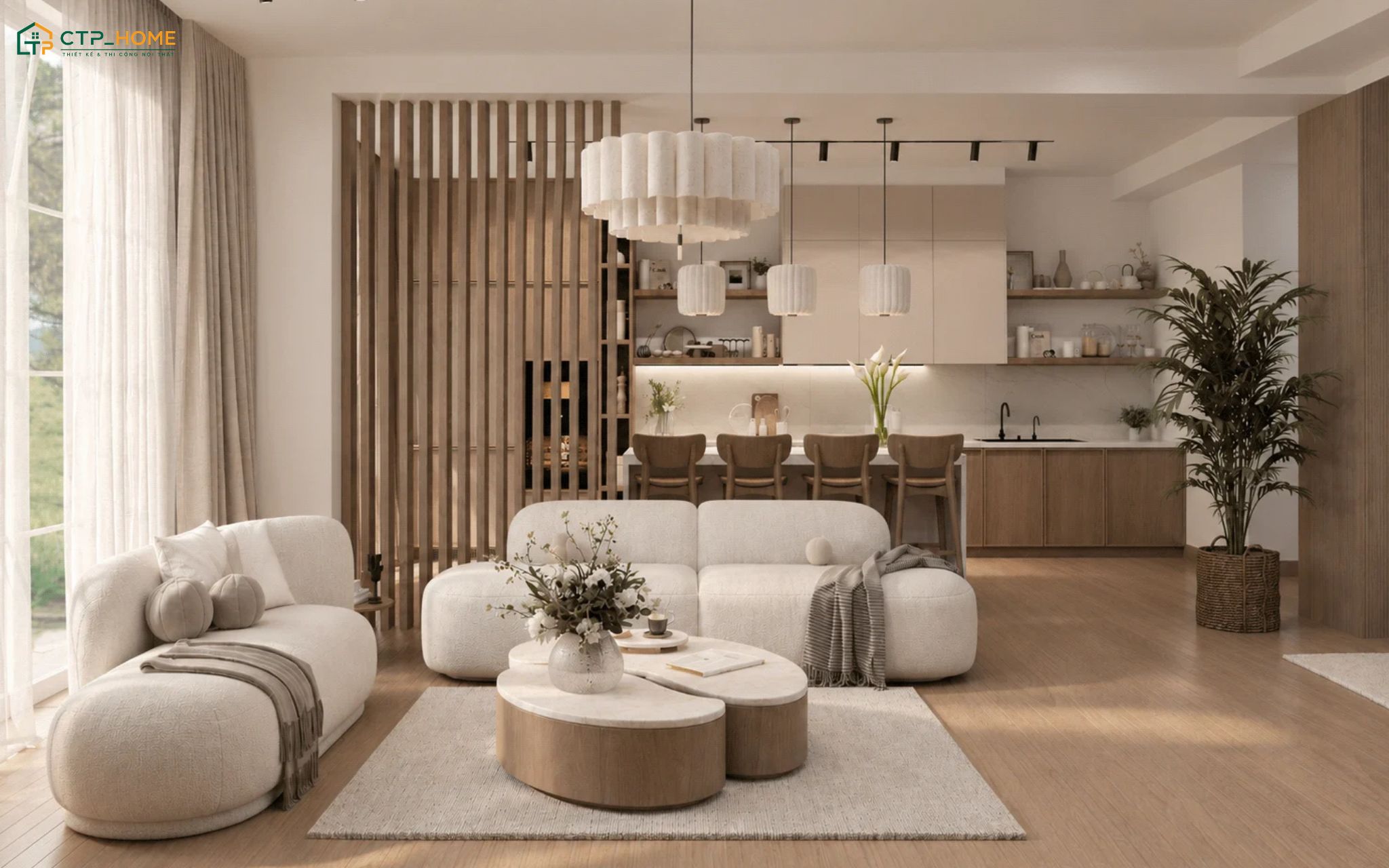 Mẫu phòng khách 25m2 liền bếp Bắc Âu sẽ sử dụng vách làm gỗ để vừa tạo điểm nhấn vừa giúp phân chia khu vực
