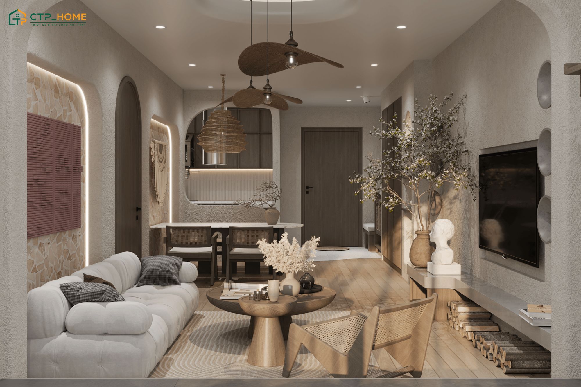 Mẫu thiết kế nội thất phòng khách liền thông với phòng bếp 25m2 Bắc Âu gây ấn tượng với vẻ đẹp mộc mạc, giản dị