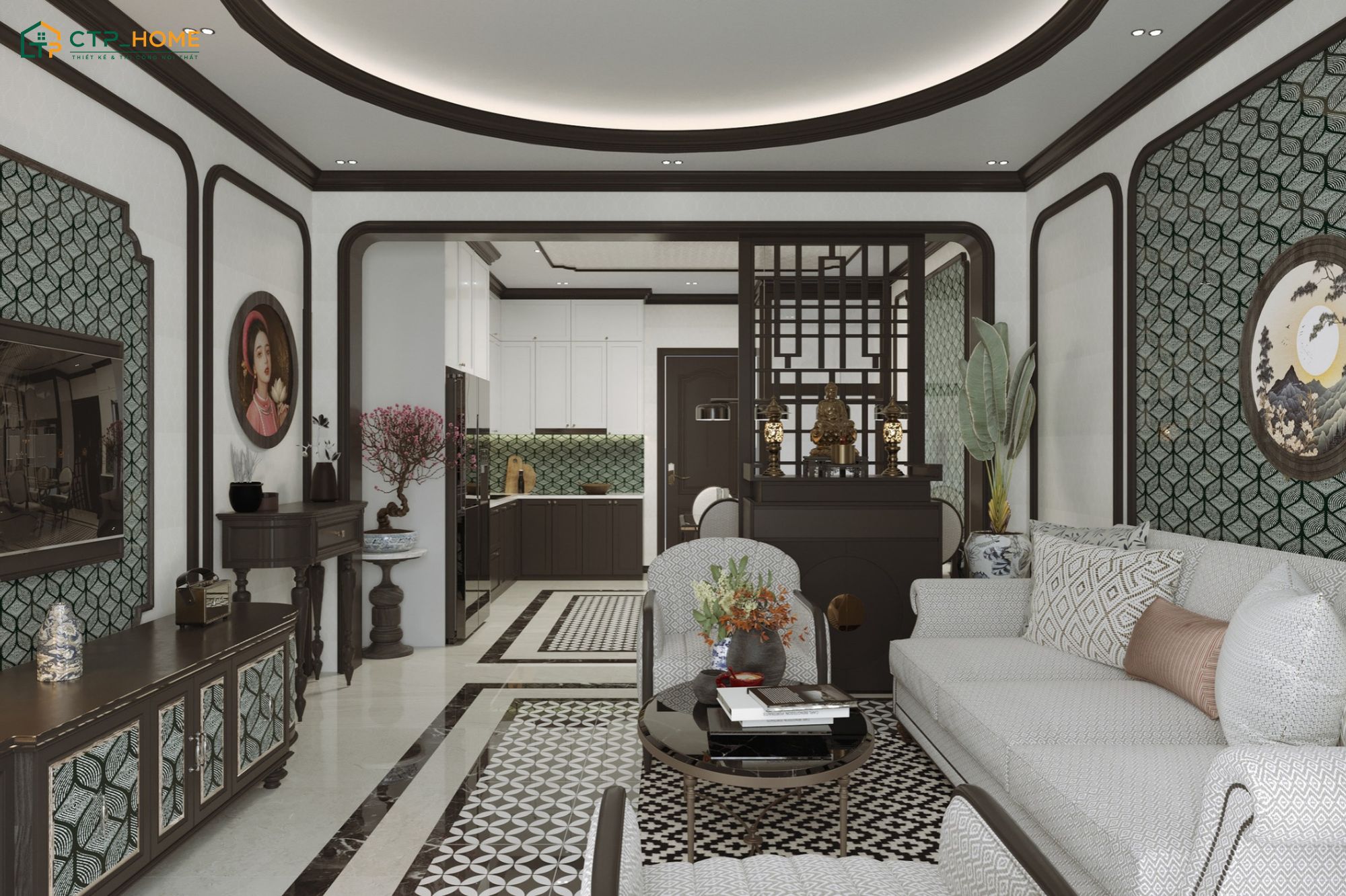 Mẫu thiết kế nội thất phòng khách liền thông phòng bếp 25m2 Indochine gây ấn tượng với họa tiết trang trí truyền thống