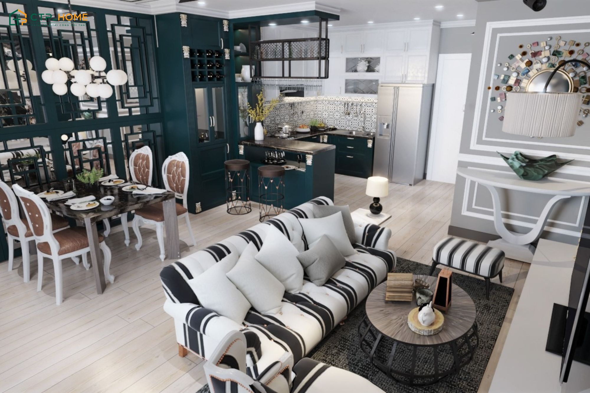 Mẫu phòng khách liền bếp 25m2 Indochine gắn liền với cách phối màu sáng tạo cùng nội thất gỗ sẫm màu đặc trưng