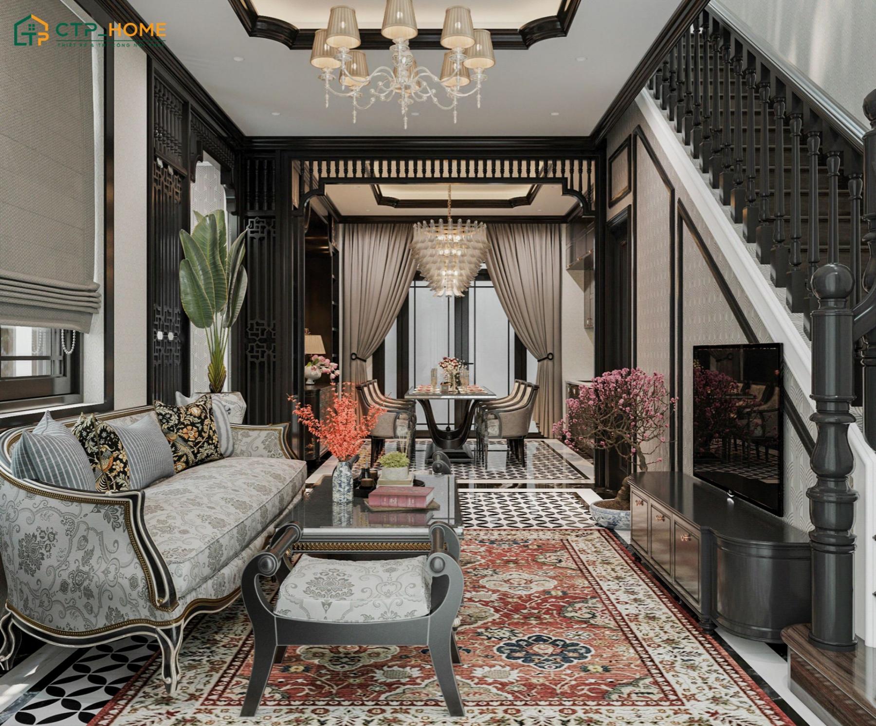 Mẫu phòng khách 25m2 liền bếp phong cách Indochine sẽ đem lại một không gian đẳng cấp, quyền quý và ấn tượng