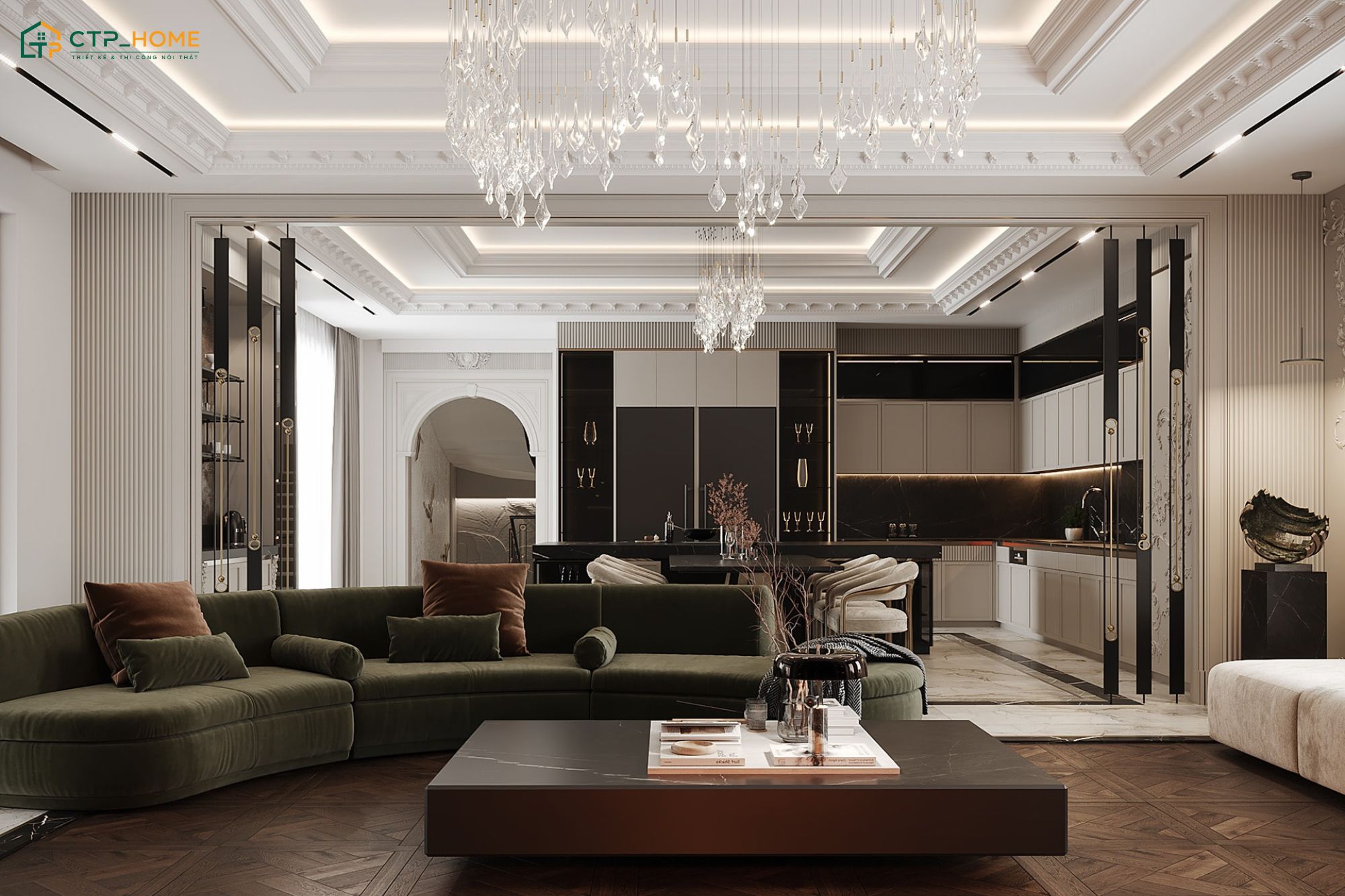 Mẫu trang trí phòng khách liền bếp 25m2 tân cổ điển ghi dấu ấn với các chi tiết phào chỉ nhẹ nhàng được tiết chế vừa đủ