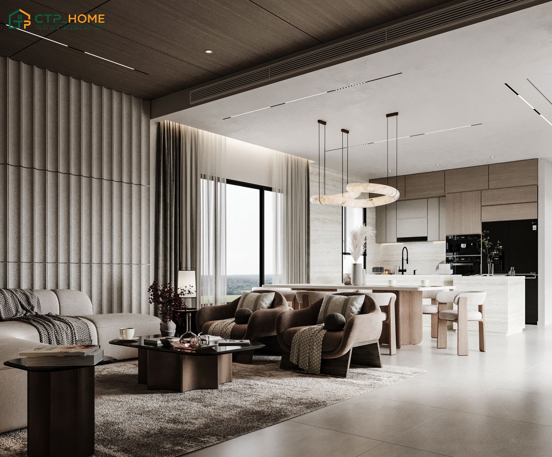 Mẫu phòng khách 25m2 liền bếp tân cổ điển sử dụng đồ nội thất cao cấp giúp không gian trở nên sang trọng hơn