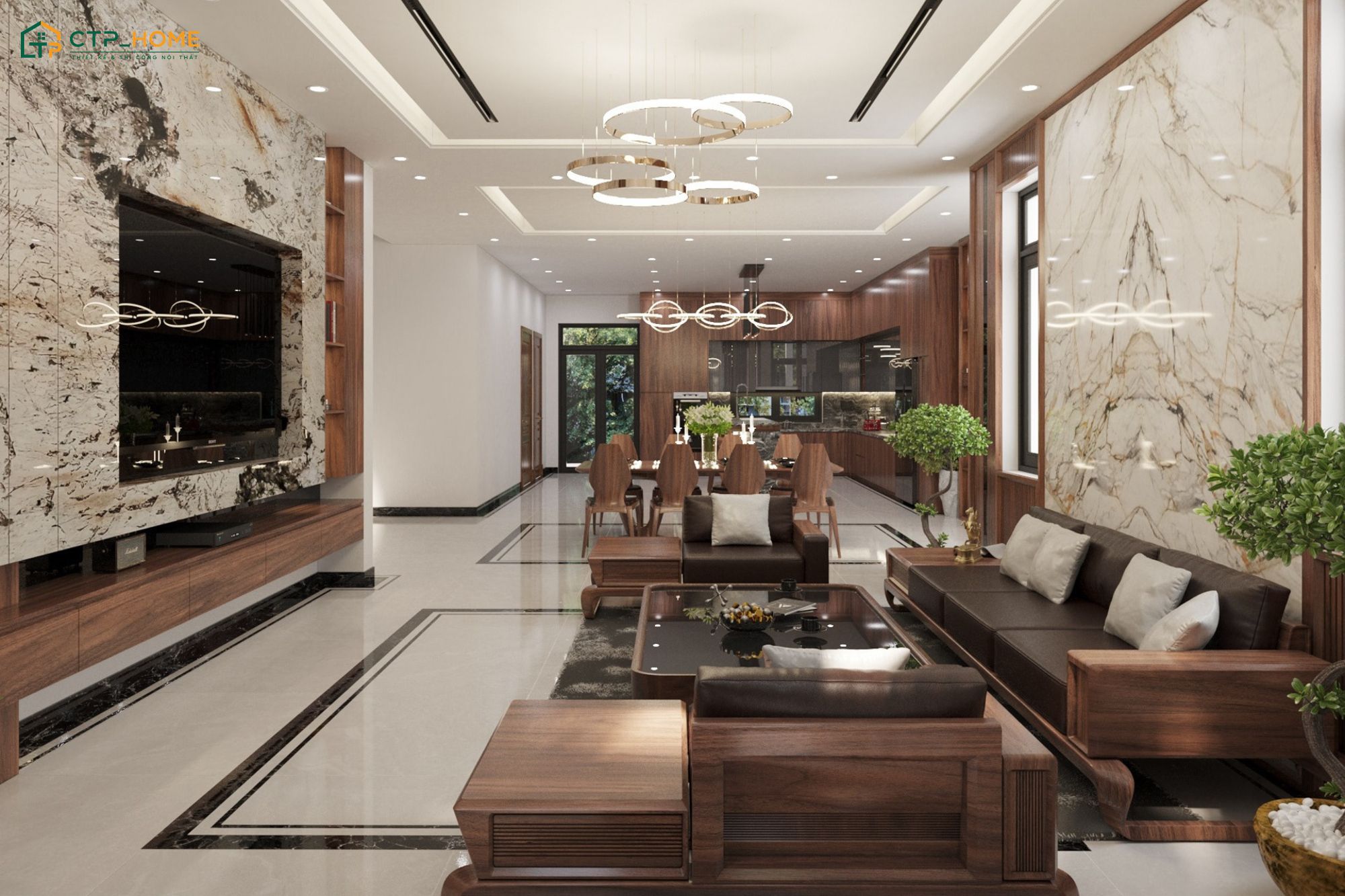 Mẫu thiết kế phòng khách liền bếp 25m2 sử dụng nội thất gỗ óc chó tự nhiên giúp không gian trở nên ấm áp hơn