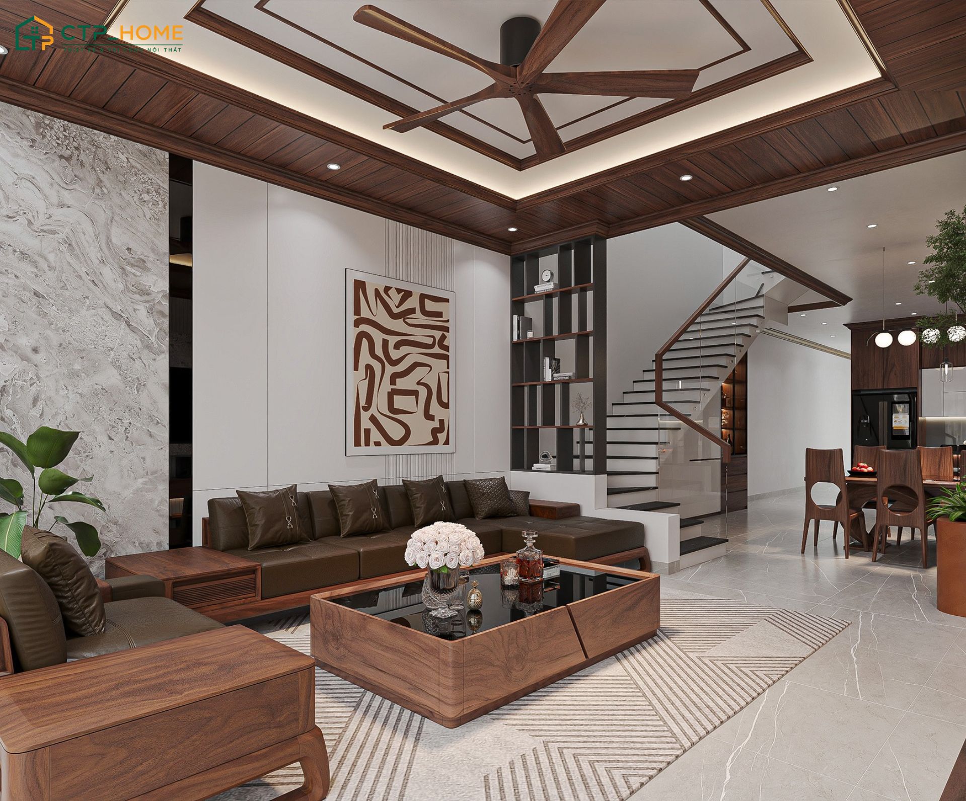 Mẫu phòng khách liền thông với phòng bếp 25m2 sẽ bố trí ánh sáng hài hòa để làm nổi bật vẻ đẹp tự nhiên của gỗ óc chó