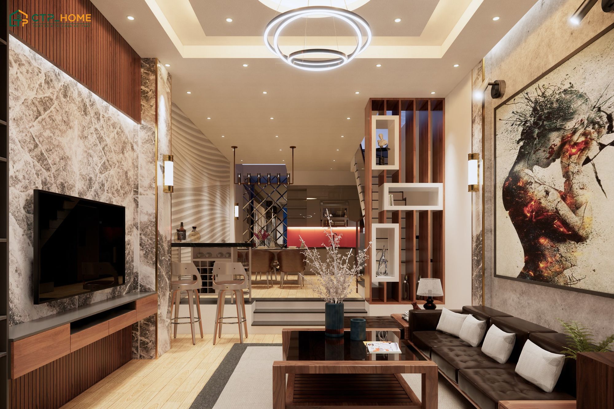 Mẫu phòng khách 25m2 liền bếp sử dụng nội thất gỗ tự nhiên cùng các món đồ decor hiện đại giúp đảm bảo sự cân bằng
