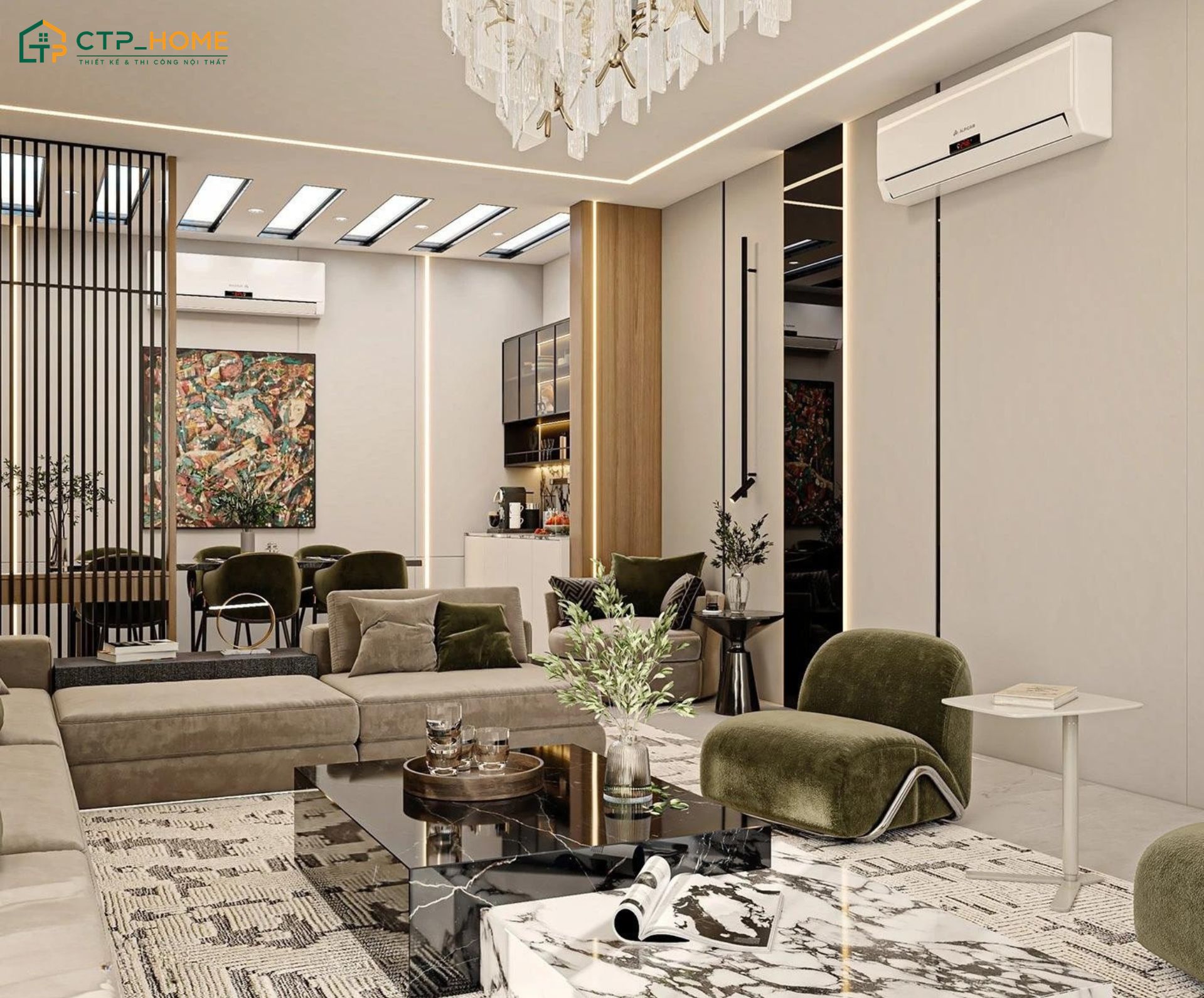 Gia chủ có thể sử dụng vách ngăn để phân chia khu vực phòng khách liền thông phòng bếp 25m2