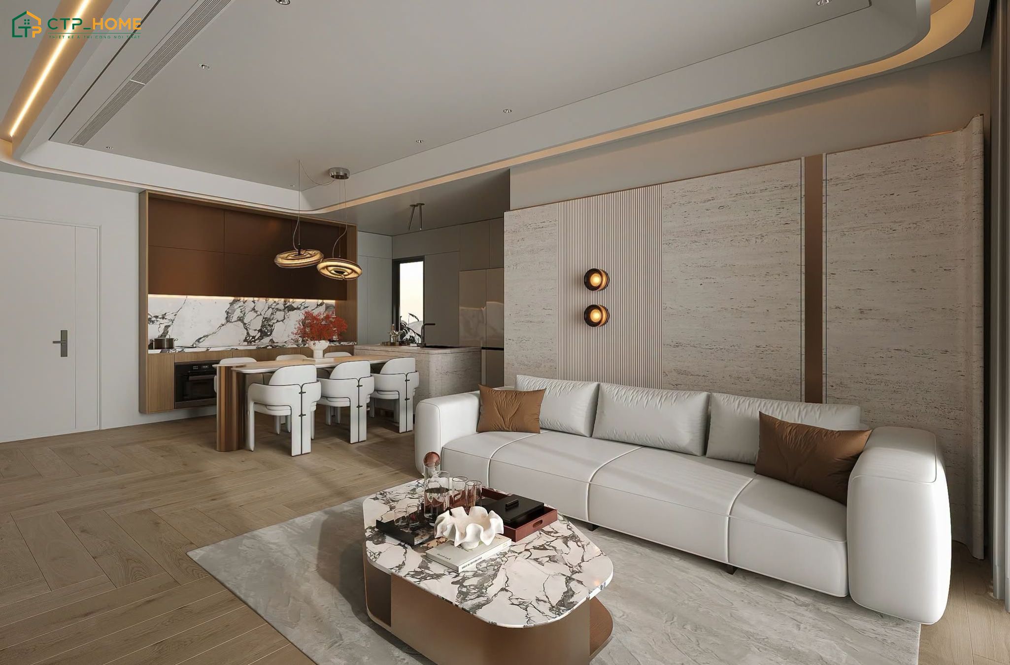 Mẫu trang trí phòng khách liền bếp 25m2 cho chung cư với cách phối màu trắng nâu tương phản độc đáo