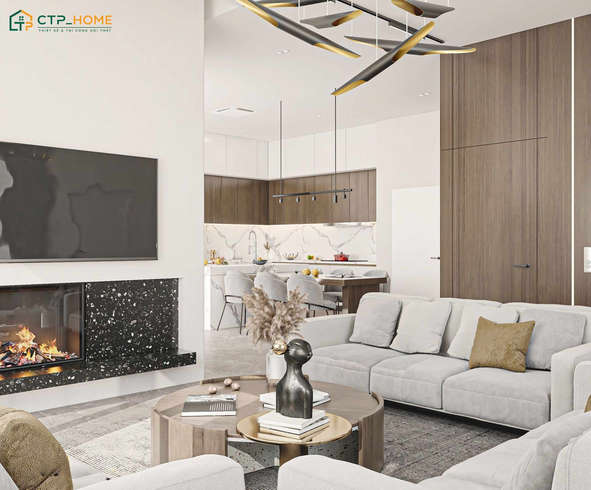 Mẫu phòng khách liền phòng bếp 25m2 cho nhà cấp 4 ưu tiên sự tối giản nhưng vẫn đảm bảo đầy đủ tiện nghi