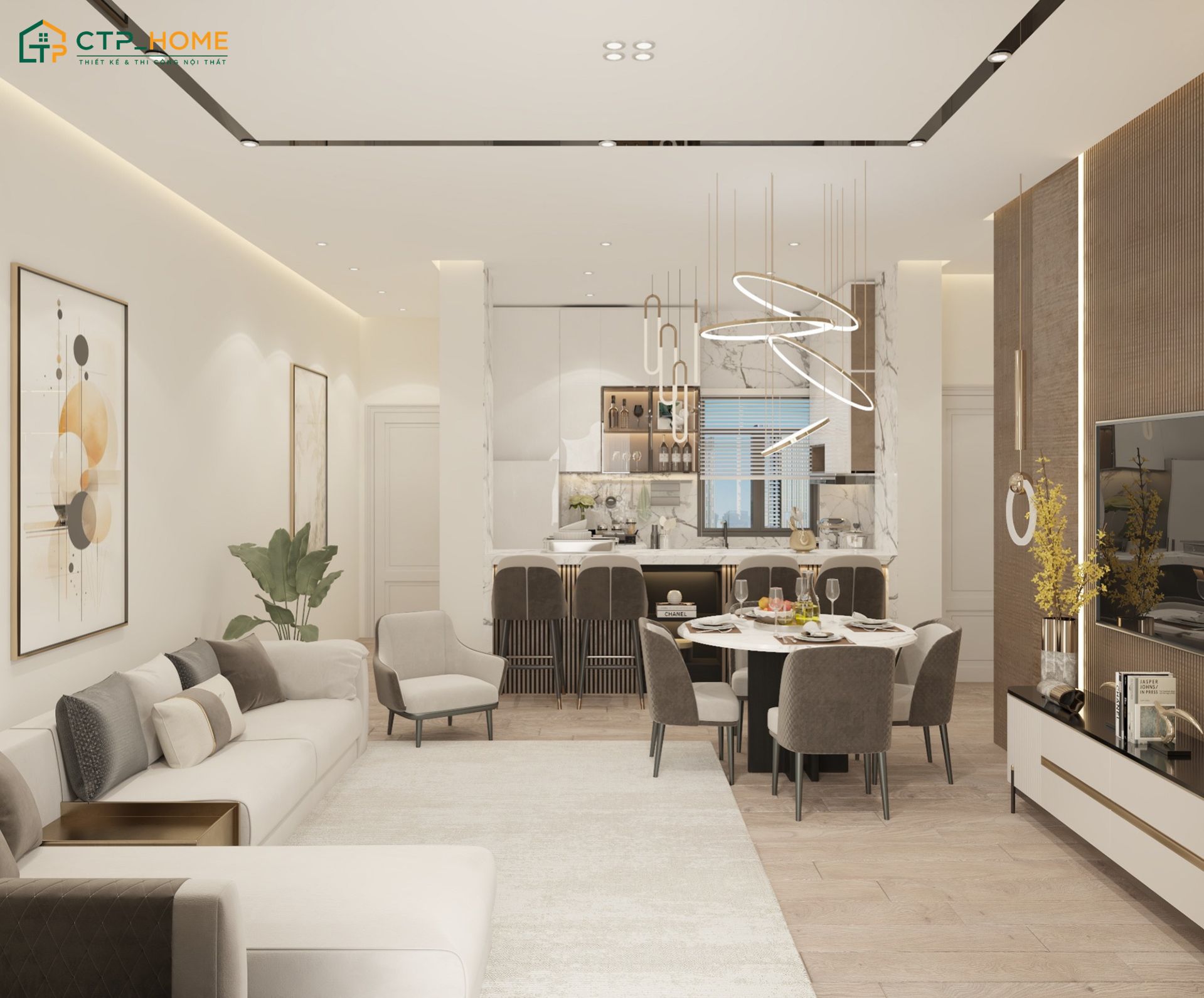 Mẫu phòng khách 25m2 liền bếp cho nhà cấp 4 sử dụng bàn ăn để phân định ranh giới giữa hai không gian