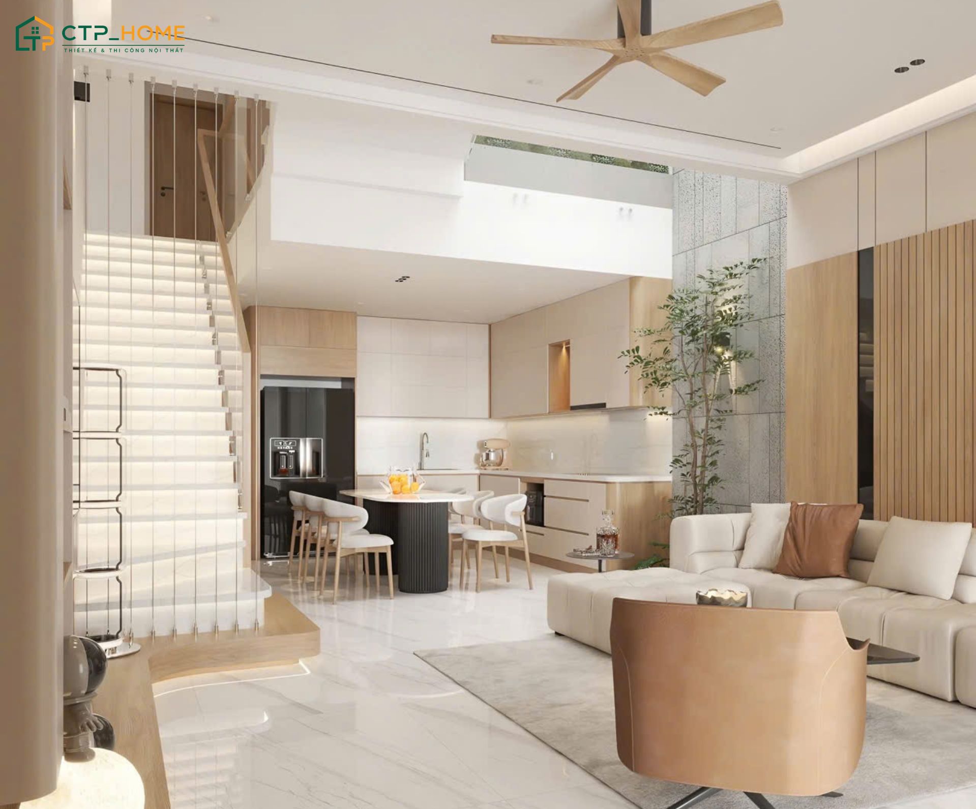 Mẫu thiết kế nội thất phòng khách liền bếp 25m2 nhà ống thường ưu tiên đồ nội thất đơn giản và dễ vệ sinh
